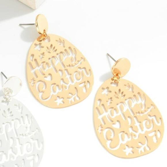 Happy Easter Design Brass Drop Dangle Earrings Gold - Picture 2 of 3